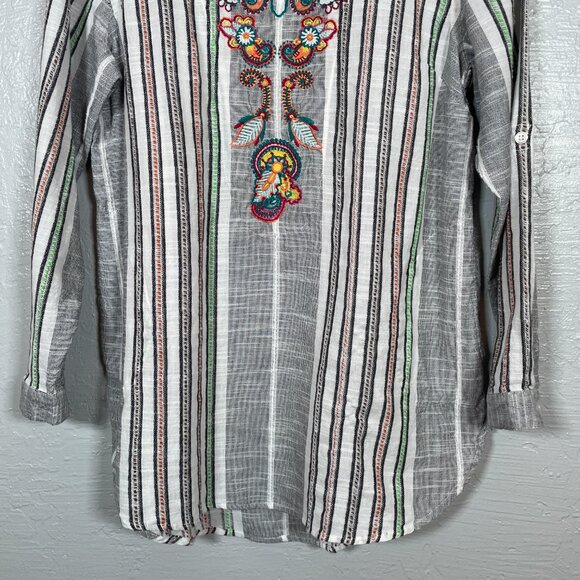 Soft Surroundings Women M Aruba Tunic Blouse Striped Embroidered Floral Boho - Picture 2 of 9